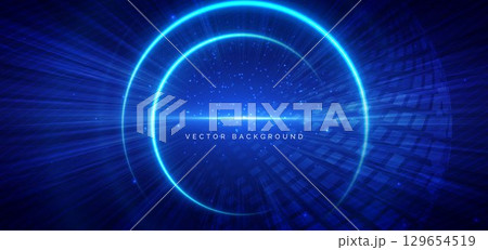 Futuristic blue circles glowing overpping on dark blue background. 129654519