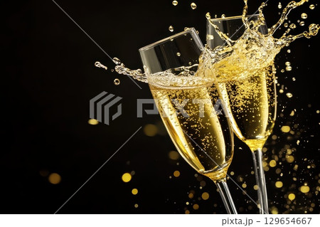 champagne flutes with bubbles on black background 129654667