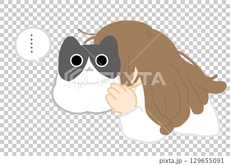 一個簡單可愛的插圖,一個疲憊的女人把臉貼在她的寵物貓身上並吮吸它 一個簡單可愛的插圖,一個疲憊的女人把臉貼在她的寵物貓身上並吮吸它 129655091