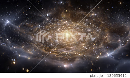 Glowing spiral galaxy radiates luminous orange and blue hues, enveloped by starlit cosmic clouds, evoking astronomical wonder and interstellar fantasy 129655412