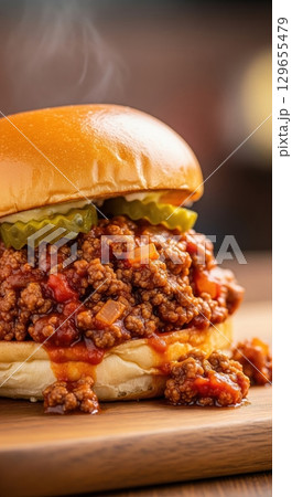Delicious homemade sloppy joe sandwich with ground beef, tomato sauce and pickles on a bun 129655479