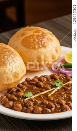 Indian chole bhature, a chickpea curry served with fried bread, onions and lemon 129655501