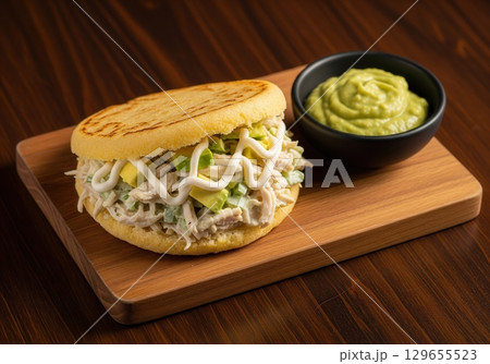 Venezuelan reina pepiada arepa with chicken and avocado, served with guasacaca sauce 129655523