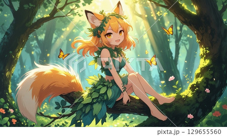 森の木の上に座っている狐の女の子 森の木の上に座っている狐の女の子 129655560