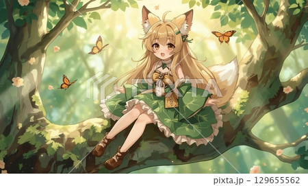 森の木の上に座っている狐の女の子 129655562