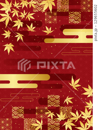 紅葉と和柄金箔背景 129655602