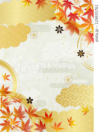 紅葉と和柄和紙背景 129655761