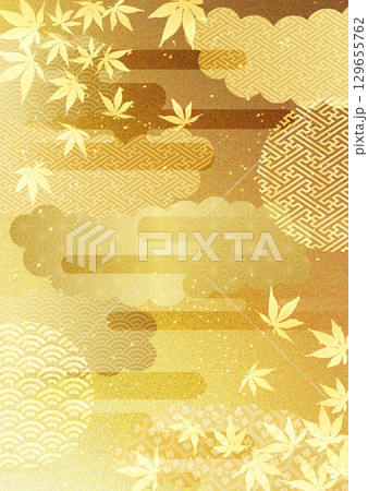 紅葉と和柄金箔背景 129655762