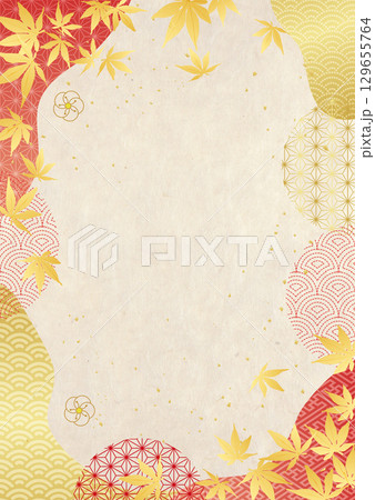 紅葉と和柄和紙背景 129655764