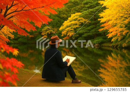 秋の紅葉に包まれる人々の散策　日本の秋を感じる風景素材 129655785