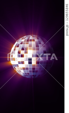 Stylized disco mirror ball emitting purple light rays in dark background 129655846