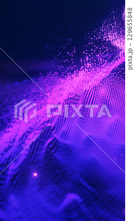Abstract purple data wave made of glowing particles and flowing grid structures on a dark background 129655848