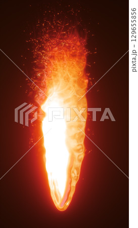 Vertical stream of fire in vivid orange and yellow, surrounded by glowing embers and smoky details in a dark environment 129655856