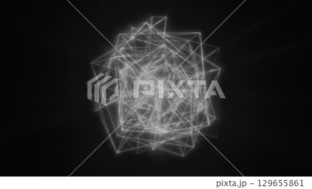 Glowing white digital sphere with bright network connections and wireframe geometric patterns on a dark background Glowing white digital sphere with bright network connections and wireframe geometric patterns on a dark background 129655861