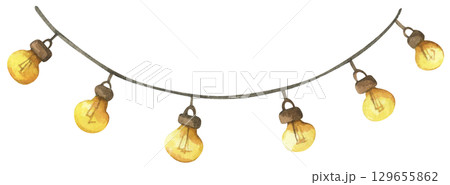 Colorful Watercolor Light Garland Christmas Decoration Hanging Bulb Festive String Border Seasonal Illustration Colorful Watercolor Light Garland Christmas Decoration Hanging Bulb Festive String Border Seasonal Illustration 129655862