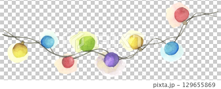 Colorful Watercolor Light Garland Christmas Decoration Hanging Bulb Festive String Border Seasonal Illustration Colorful Watercolor Light Garland Christmas Decoration Hanging Bulb Festive String Border Seasonal Illustration 129655869