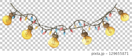 Colorful Watercolor Light Garland Christmas Decoration Hanging Bulb Festive String Border Seasonal Illustration 129655871