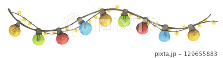 Colorful Watercolor Light Garland Christmas Decoration Hanging Bulb Festive String Border Seasonal Illustration 129655883