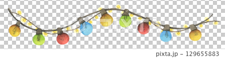 Colorful Watercolor Light Garland Christmas Decoration Hanging Bulb Festive String Border Seasonal Illustration 129655883
