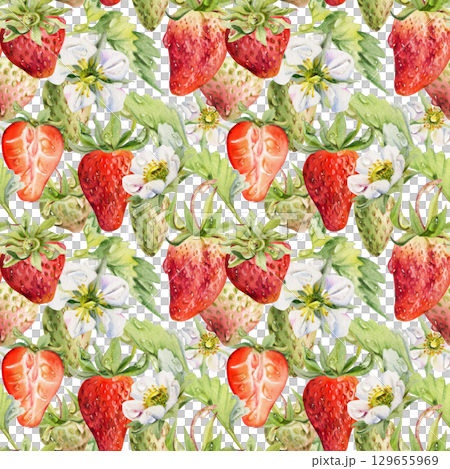 Strawberry ripe garden berries, flowers in water dew drops hand drawn in watercolor. Seamless isolated banner garland. Home preserves, textile fabrics, food store decor, recipe book, dessert menu Strawberry ripe garden berries, flowers in water dew drops hand drawn in watercolor. Seamless isolated banner garland. Home preserves, textile fabrics, food store decor, recipe book, dessert menu 129655969