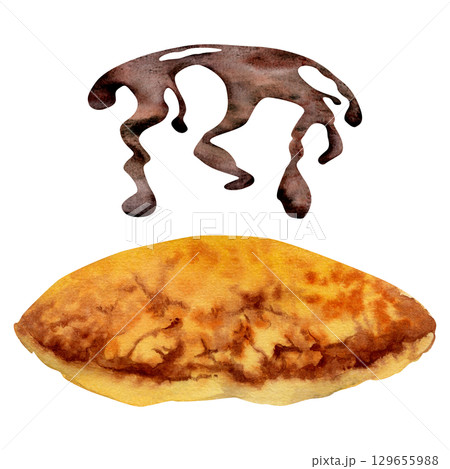 Fluffy pancake, baked flapjack pastry with melted chocolate syrup drizzle. Isolated element hand painted in watercolor. Food packaging, cafe menus, social media visuals, sweet dessert recipe cards. Fluffy pancake, baked flapjack pastry with melted chocolate syrup drizzle. Isolated element hand painted in watercolor. Food packaging, cafe menus, social media visuals, sweet dessert recipe cards. 129655988