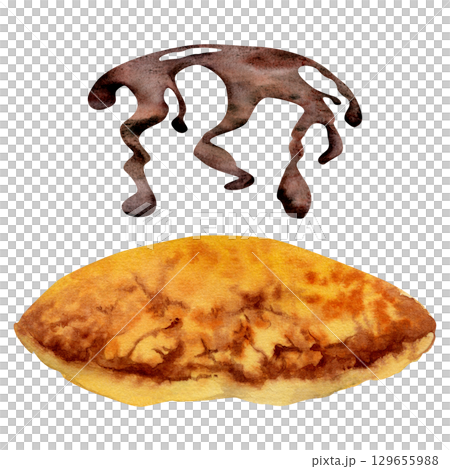 Fluffy pancake, baked flapjack pastry with melted chocolate syrup drizzle. Isolated element hand painted in watercolor. Food packaging, cafe menus, social media visuals, sweet dessert recipe cards. 129655988