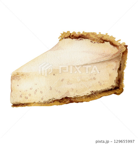 Cheesecake slice, souffle torte cut portion, cake or tart base in watercolor. Hand painted clipart illustration. Bakery or patisserie labels, culinary printables, dessert stickers, digital cafe menu. 129655997