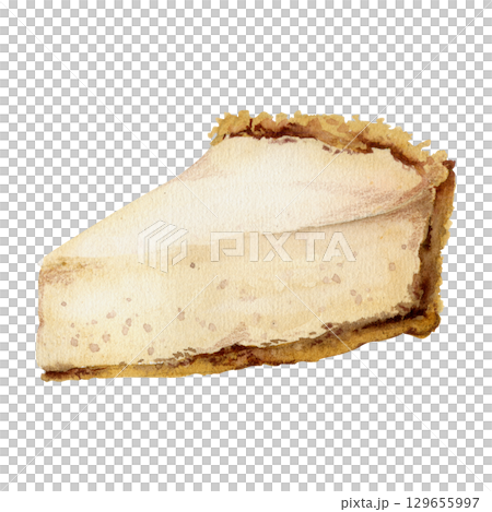 Cheesecake slice, souffle torte cut portion, cake or tart base in watercolor. Hand painted clipart illustration. Bakery or patisserie labels, culinary printables, dessert stickers, digital cafe menu. 129655997