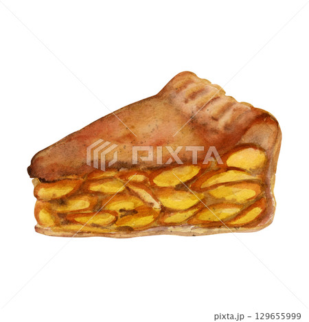 Hand drawn apple pie slice, fruit tart cut piece, peach strudel baked pastry portion. Watercolor isolated illustration. Recipe cards, food fest graphics, homemade dessert printables, wrapping paper. 129655999