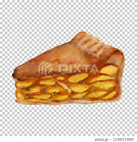 Hand drawn apple pie slice, fruit tart cut piece, peach strudel baked pastry portion. Watercolor isolated illustration. Recipe cards, food fest graphics, homemade dessert printables, wrapping paper. 129655999