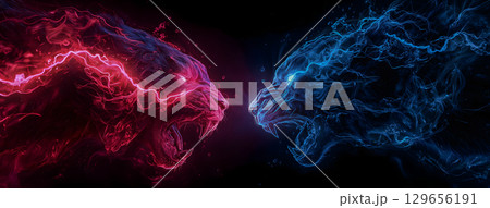 対峙する赤と青の獣が織り成す幻想的な稲妻の戦い 129656191