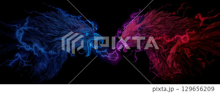 エネルギーの翼を広げる赤と青のフェニックスの神秘的対峙 129656209