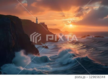 Rugged Cliffs and Ocean Sunset View 129656344