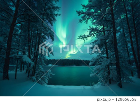 Aurora Through Snowy Branches and Reflected Lake 129656358