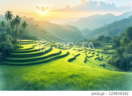 Watercolor of a Peaceful Rice Terrace Landscape in Bali Watercolor of a Peaceful Rice Terrace Landscape in Bali 129656382