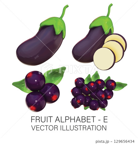 3D Fruit Alphabet E: Realistic Eggplant and Elderberry Illustration with Transparent Background 129656434