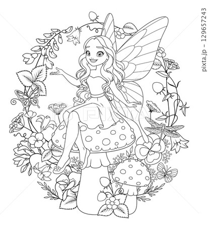 Beautiful fairy with wings sitting on a mushroom surrounded by flowers. Vector coloring page illustration. Beautiful fairy with wings sitting on a mushroom surrounded by flowers. Vector coloring page illustration. 129657243