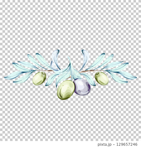 Delicate watercolor illustration of olives and olive oil inspired by Italian cuisine and nature frame, border, arrangement Delicate watercolor illustration of olives and olive oil inspired by Italian cuisine and nature frame, border, arrangement 129657246