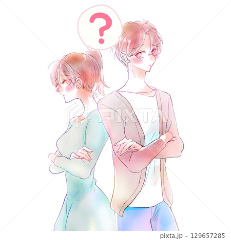 お互い疑問を持つ男女　腕組み 129657285