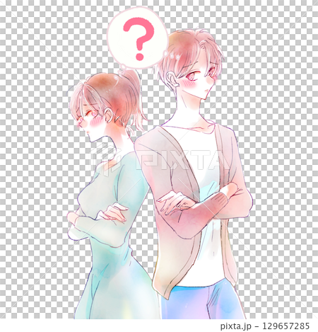 お互い疑問を持つ男女　腕組み 129657285