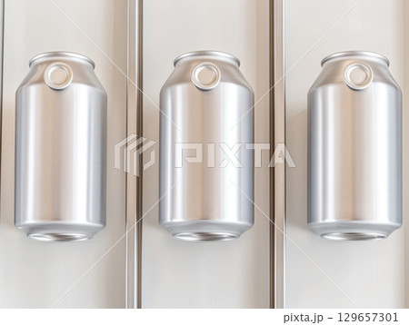 Several Aluminium Cans at a warehouse. beverage manufacturing factory. modern factory. AI Generated. 129657301
