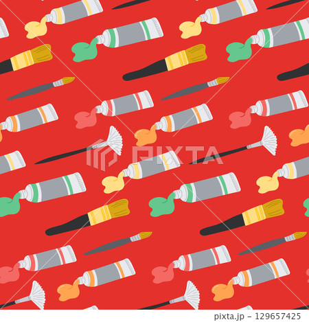 Hand drawn vector seamless pattern with paintbrushes and paint tubes in red, yellow, green, and orange on red background Hand drawn vector seamless pattern with paintbrushes and paint tubes in red, yellow, green, and orange on red background 129657425