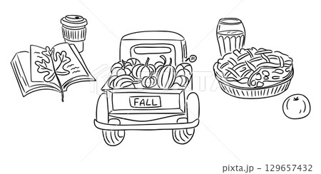 Hand drawn vector illustration of cozy autumn elements including vintage truck with pumpkins, pie, coffee, and book with leaf 129657432
