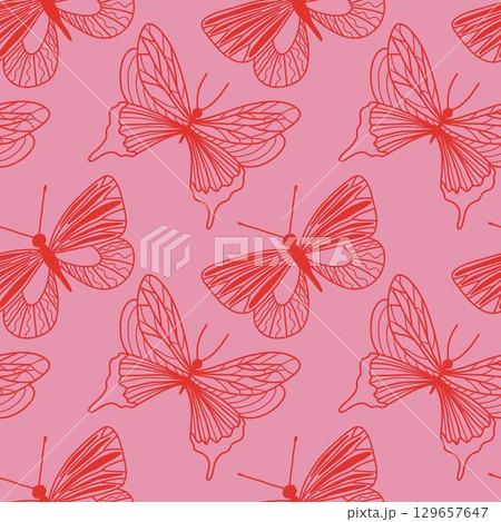 Seamless Pattern Featuring Red Butterflies on a Pink Background 129657647