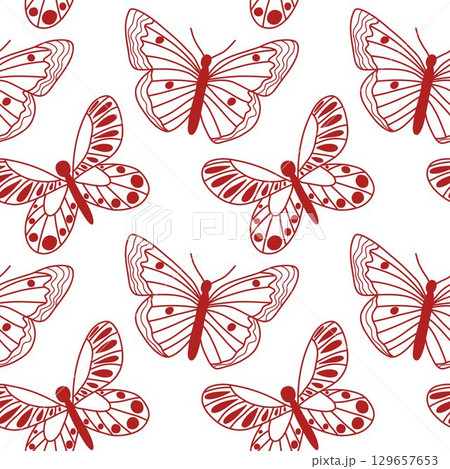 Red Butterfly Pattern on White Background with Decorative Details Red Butterfly Pattern on White Background with Decorative Details 129657653