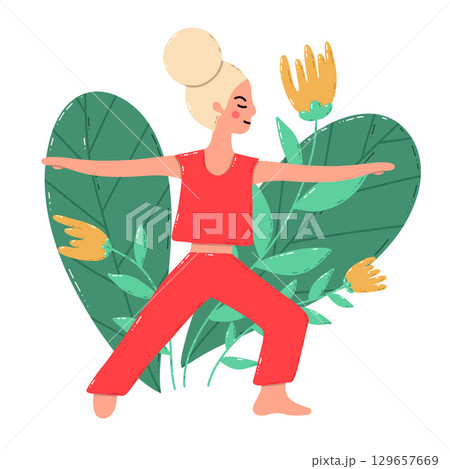 Yoga Pose Illustration Featuring Woman with Natural Elements in Background. Yoga Pose Illustration Featuring Woman with Natural Elements in Background. 129657669