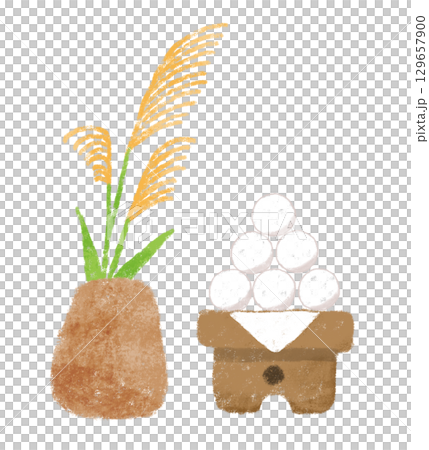 かわいい月見のイラスト　団子とススキ　十五夜　クレヨンタッチ 129657900