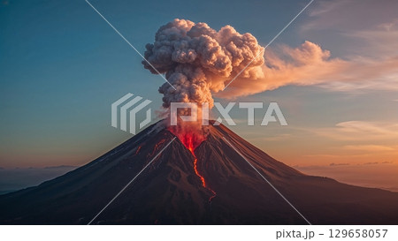 A volcano is spewing lava and smoke into the sky 129658057