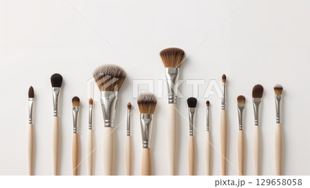 A row of makeup brushes are lined up on a white background 129658058