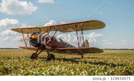 A red and white airplane is sitting on a field 129658075